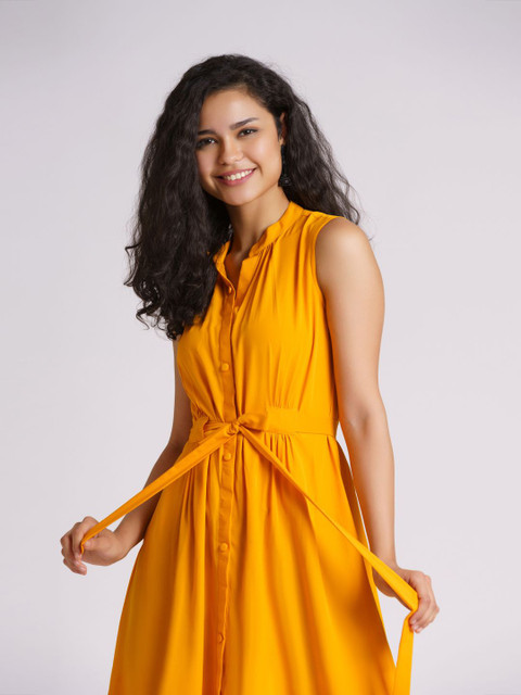 AASK Mustard Yellow Crepe Plus Size Dress - Image 2