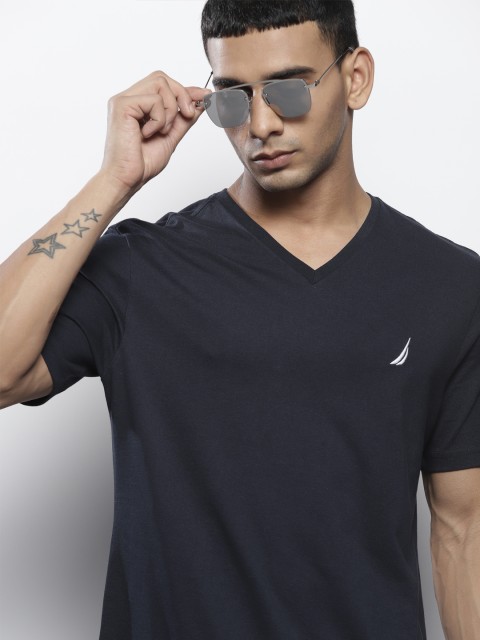 Nautica Men Navy Blue Pure Cotton Slim Fit T-shirt