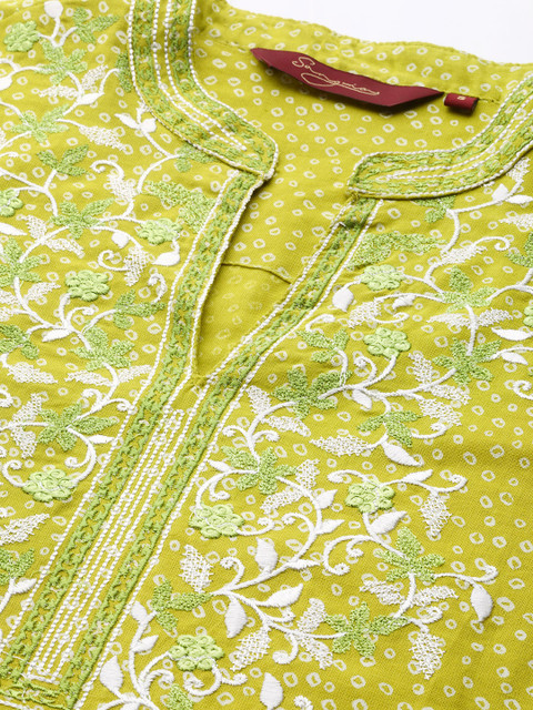 Sangria Women Lime Green Floral Embroidered Thread Work Pastels Kurta - Image 2