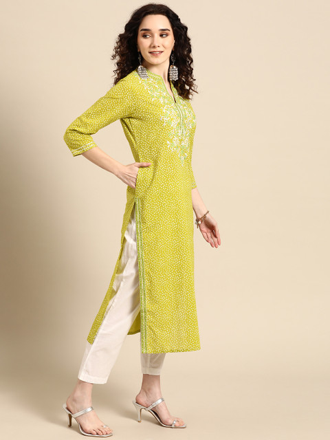 Sangria Women Lime Green Floral Embroidered Thread Work Pastels Kurta - Image 4