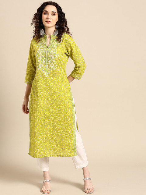 Sangria Women Lime Green Floral Embroidered Thread Work Pastels Kurta - Image 3