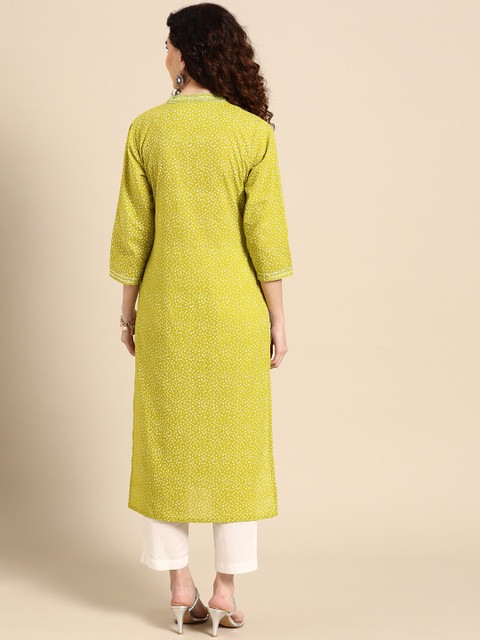 Sangria Women Lime Green Floral Embroidered Thread Work Pastels Kurta - Image 5