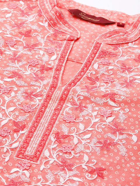Sangria Women Pink Bandhani Printed Thread Work Pastels Kurta - Image 2