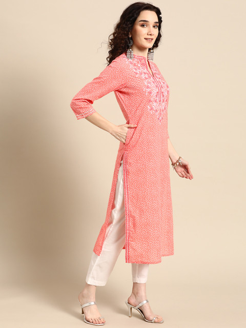 Sangria Women Pink Bandhani Printed Thread Work Pastels Kurta - Image 4