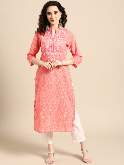 Sangria Women Pink Bandhani Printed Thread Work Pastels Kurta - Image 3