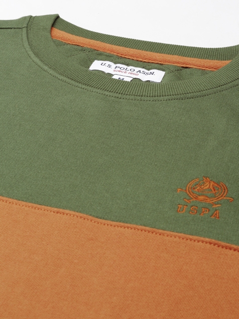 U.S. Polo Assn. Men Olive Green & Orange Colourblocked Sweatshirt - Image 2