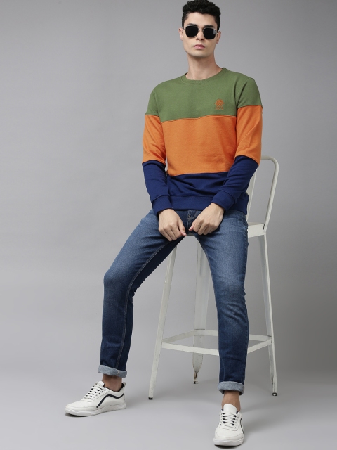U.S. Polo Assn. Men Olive Green & Orange Colourblocked Sweatshirt - Image 5