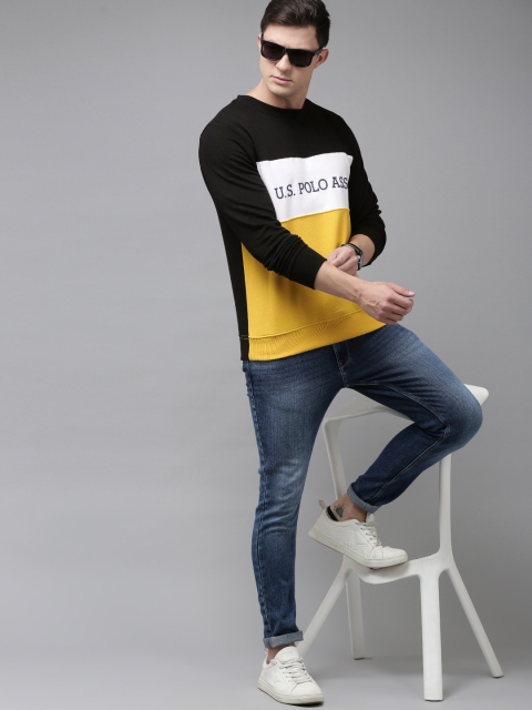 U.S. Polo Assn. Men Black & Yellow Colourblocked Sweatshirt - Image 5