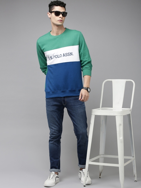U.S. Polo Assn. Men Sea Green & Blue Colourblocked Sweatshirt - Image 5