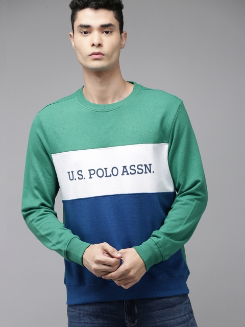 U.S. Polo Assn. Men Sea Green & Blue Colourblocked Sweatshirt - Image 3