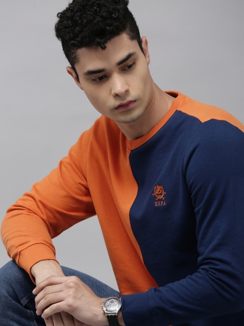 U.S. Polo Assn. Men Orange & Navy Blue Colourblocked Sweatshirt