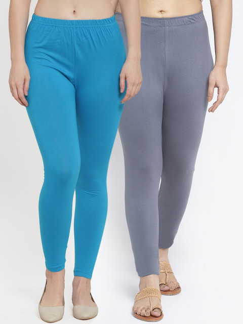 GRACIT Women Pack of 2 Grey & Sky Blue Solid Ankle Length Leggings