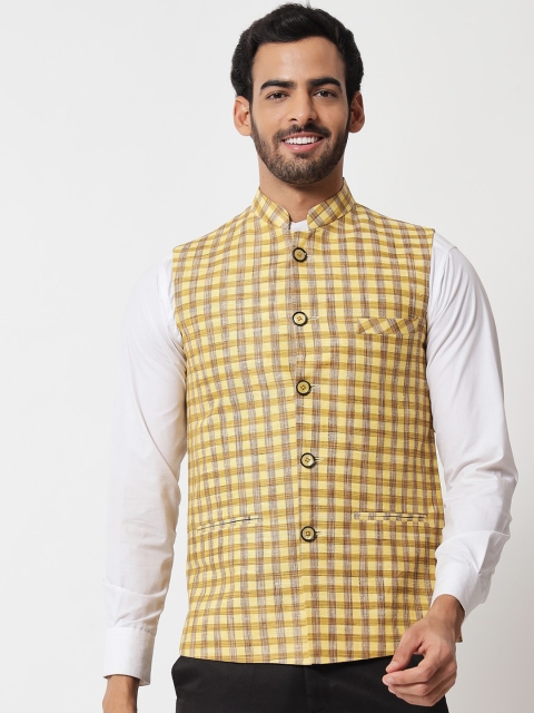 Vastraa Fusion Men Yellow Checked Pure Cotton Woven Nehru Jackets