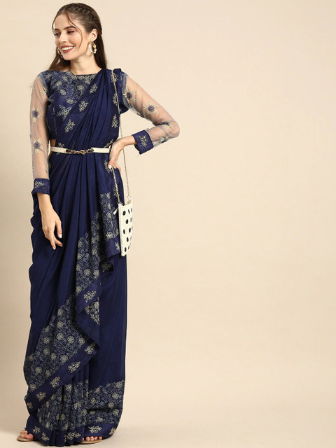 Sangria Women Navy Blue Embroidered Saree