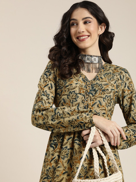 Taavi Women Beige & Blue Regular Sleeves Kalamkari Anarkali Kurta