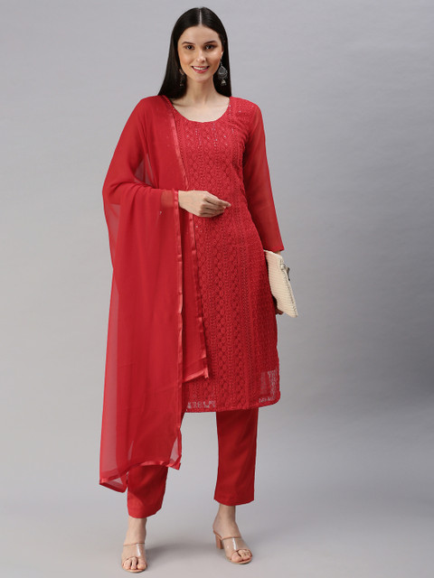 KALINI Red Embroidered Unstitched Dress Material