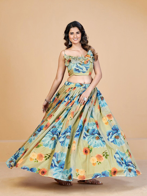 SHOPGARB Sea Green & Orange Printed Semi-Stitched Lehenga & Unstitched Blouse With Dupatta