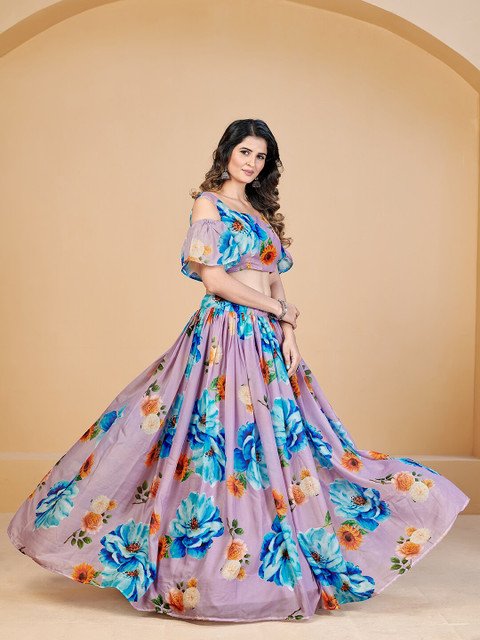 SHOPGARB Lavender & Blue Printed Semi-Stitched Lehenga & Unstitched Blouse With Dupatta