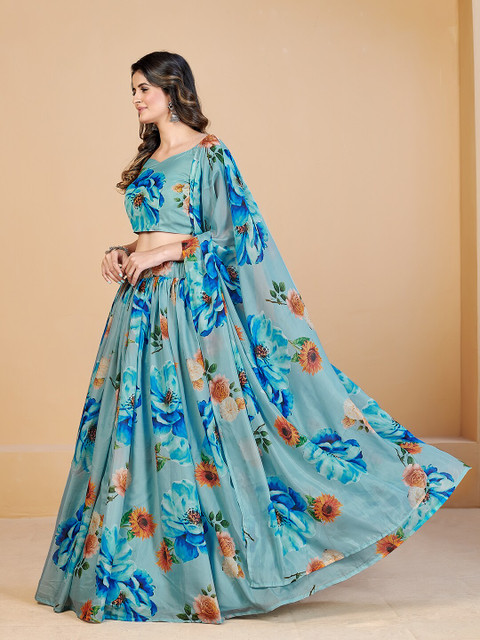 SHOPGARB Turquoise Blue & Red Printed Semi-Stitched Lehenga & Unstitched Blouse With Dupatta - Image 4