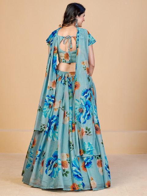 SHOPGARB Turquoise Blue & Red Printed Semi-Stitched Lehenga & Unstitched Blouse With Dupatta - Image 5