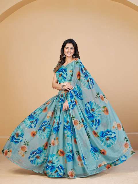 SHOPGARB Turquoise Blue & Red Printed Semi-Stitched Lehenga & Unstitched Blouse With Dupatta - Image 6