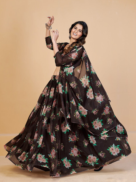 SHOPGARB Brown & Pink Printed Semi-Stitched Lehenga & Unstitched Blouse With Dupatta - Image 6