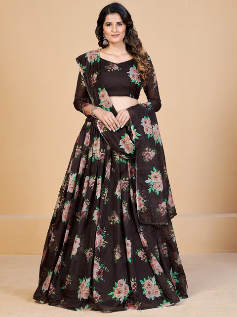 SHOPGARB Brown & Pink Printed Semi-Stitched Lehenga & Unstitched Blouse With Dupatta