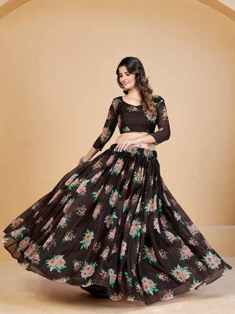 SHOPGARB Brown & Pink Printed Semi-Stitched Lehenga & Unstitched Blouse With Dupatta - Image 4