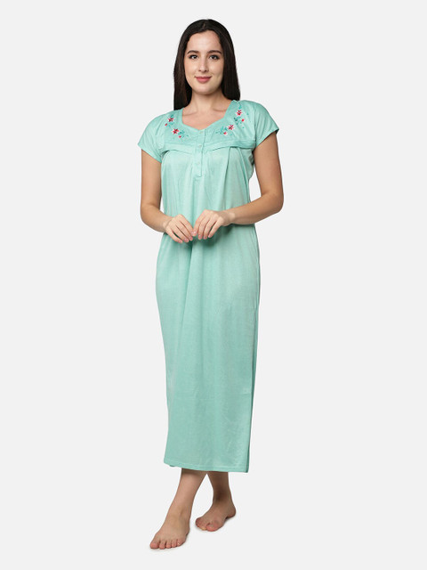 Be You Women Green Embroidered Maxi Maternity Nightdress