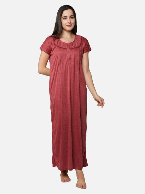 Be You Women Maroon Printed Maxi Maternity Nightdress