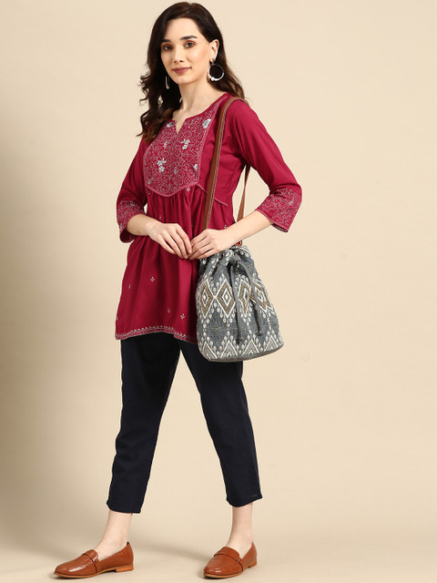 Sangria X fwd Maroon Embroidered Longline Top