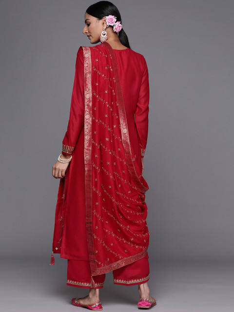 Libas Women Magenta Floral Embroidered Kurta with Palazzos & Dupatta - Image 7