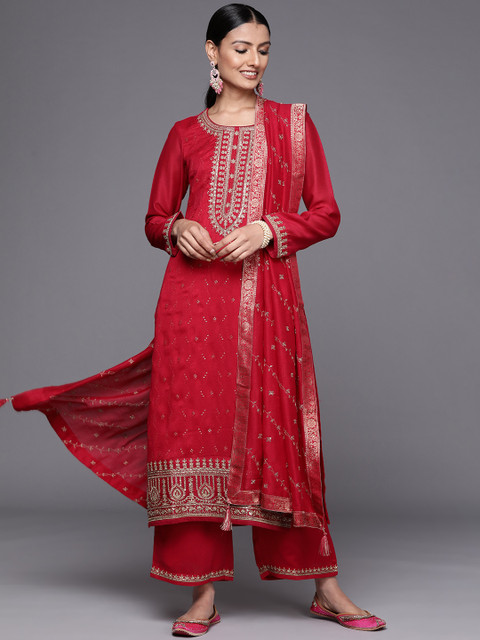Libas Women Magenta Floral Embroidered Kurta with Palazzos & Dupatta - Image 5