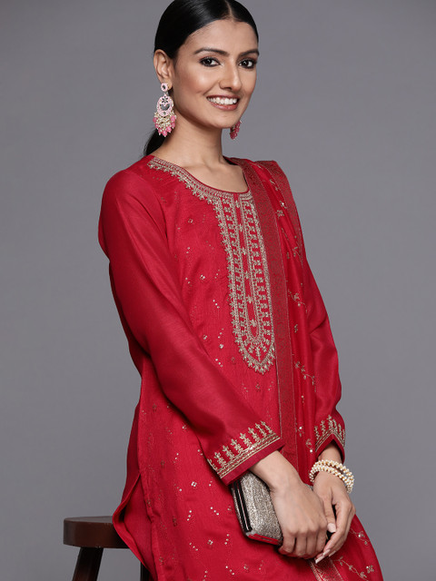 Libas Women Magenta Floral Embroidered Kurta with Palazzos & Dupatta - Image 2