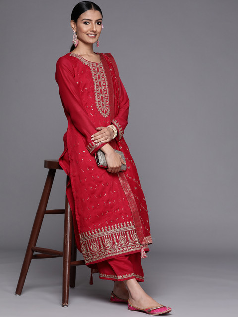 Libas Women Magenta Floral Embroidered Kurta with Palazzos & Dupatta - Image 8