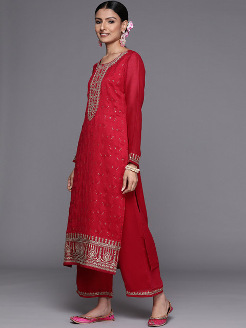 Libas Women Magenta Floral Embroidered Kurta with Palazzos & Dupatta - Image 6