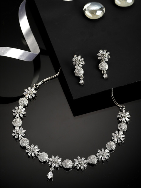 ZENEME Rhodium-Plated American Diamond Studded Jewellery Set