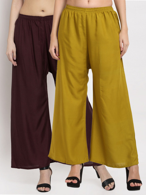 Miaz Lifestyle Women Olive Green & Brown 2 Flared Knitted Ethnic Palazzos