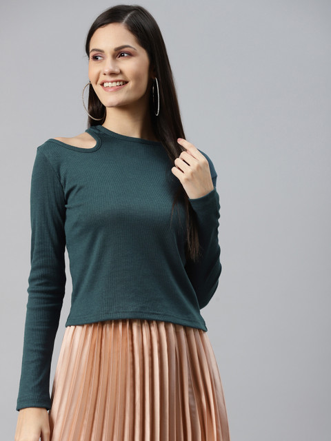 plusS Women Teal Blue Cut-Out Detail T-shirt