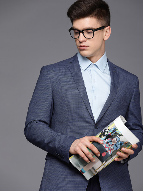 Theme Men Blue Micro Checks Slim Fit Formal Blazer