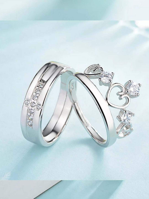 UNIVERSITY TRENDZ Set of 2 Silver-Plated Stainless Steel CZ Studded Couple Ring