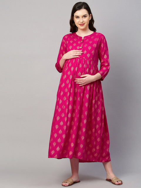 MomToBe Pink Ethnic Motifs Maternity A-Line Midi Nursing Dress