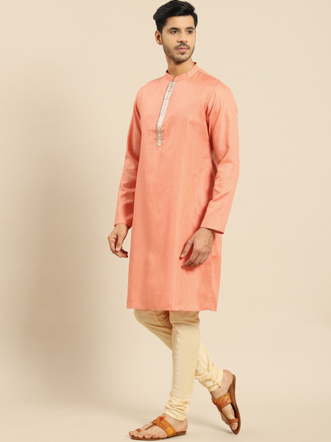Amodh by Kisah Men Peach-Coloured Mandarin Collar Kurta - Image 3