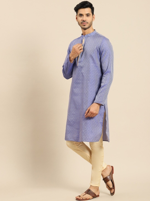 Amodh by Kisah Men Blue Geometric Thread Work Jacquard Kurta - Image 4
