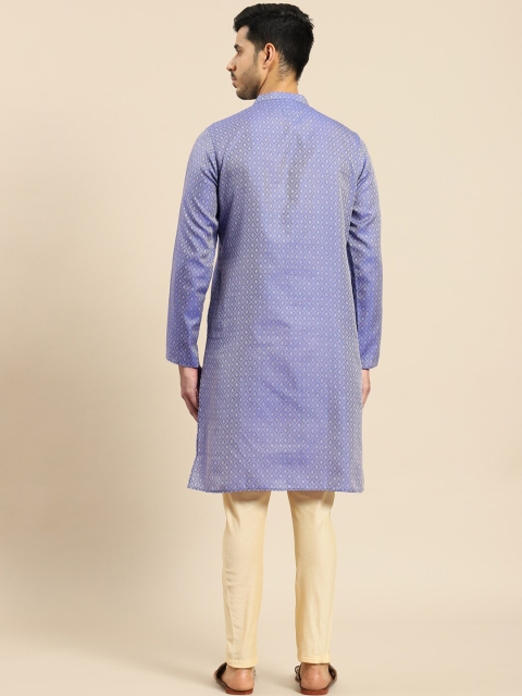 Amodh by Kisah Men Blue Geometric Thread Work Jacquard Kurta - Image 3
