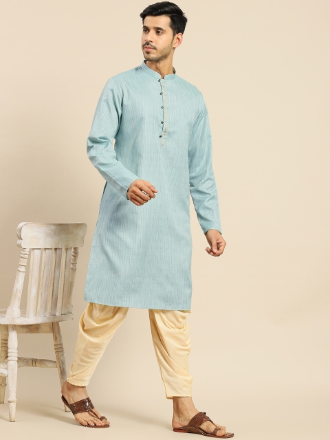Amodh by Kisah Men Mandarin Collar Turquoise Blue Kurta - Image 5