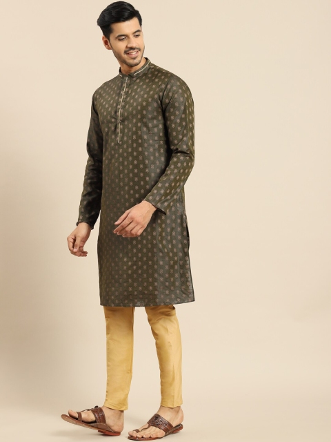 Amodh by Kisah Men Olive Green & Beige Kurta - Image 3