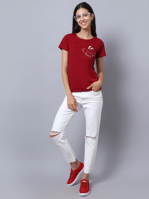 UnaOne Women Maroon Printed Slim Fit Cotton Plus Size T-shirt - Image 6