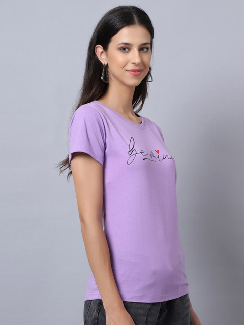 UnaOne Women Plus Size Lavender Typography Printed Slim Fit Cotton T-shirt - Image 3