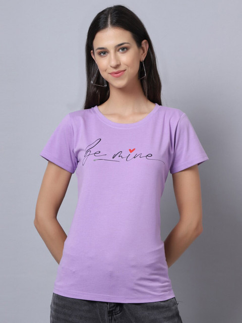 UnaOne Women Plus Size Lavender Typography Printed Slim Fit Cotton T-shirt